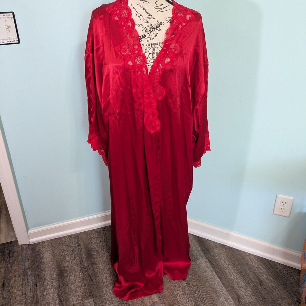 Cassini intimates robe red lace trim floor length m/l vintage lingerie